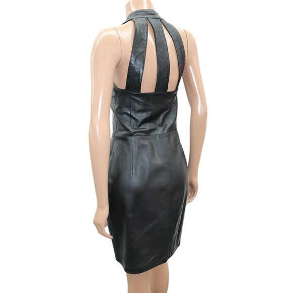 Black Leather Button Front Mini Halter Dress M - Picture 5 of 5